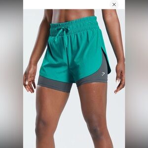 Gymshark 2 in 1 Running Shorts women’s size large Seafoam Blue/Smokey Teal